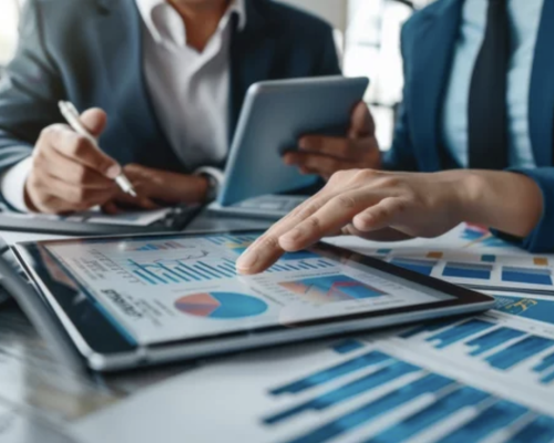 consult between bookkeepers using tablet, consultation about balance sheet, market statistics